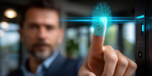 Empresario utilizando un escáner de huellas dactilares para autenticación biométrica. Primer plano de un dedo tocando un panel de control de acceso digital con un icono de huella dactilar brillante, ciberseguridad y verificación de identidad.