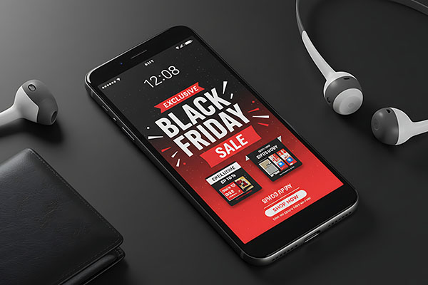 Un elegante teléfono móvil muestra un anuncio de ofertas del Viernes Negro, junto a una billetera de cuero y elegantes auriculares sobre una superficie oscura y contemporánea.