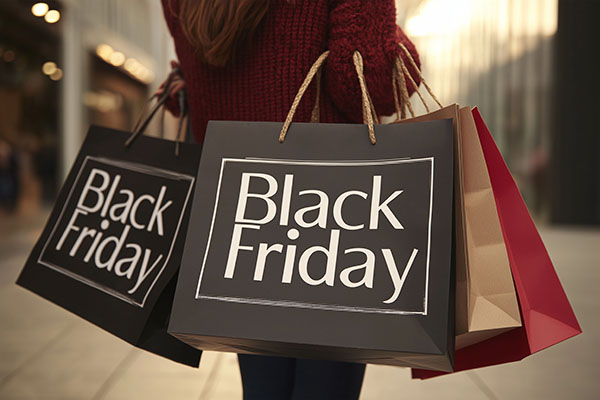 Compras de Black Friday: Se ve a una mujer sosteniendo varias bolsas de compras, cada una con la frase Black Friday, dentro de un centro comercial.
