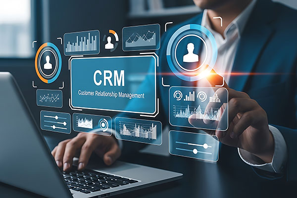 Hombre que utiliza software CRM en una computadora portátil para explorar datos de clientes con una interfaz táctil interactiva para una mejor atención al cliente.