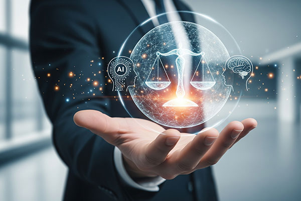 Escala de justicia futurista brillante entre íconos de inteligencia artificial y humana que flotan sobre una mano empresarial que representa el equilibrio de decisiones tecnológicas éticas.