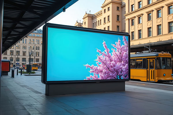 Maqueta de cartelera publicitaria en una estación de metro. Espacio vacío para diseño publicitario. Tren y tranvía pasando. Escena urbana, publicidad exterior. Gráfico floral.