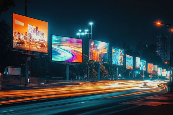 Una ola digital fluye a través de un bosque de vallas publicitarias tradicionales, simbolizando la transformación de la publicidad tradicional a los medios digitales.