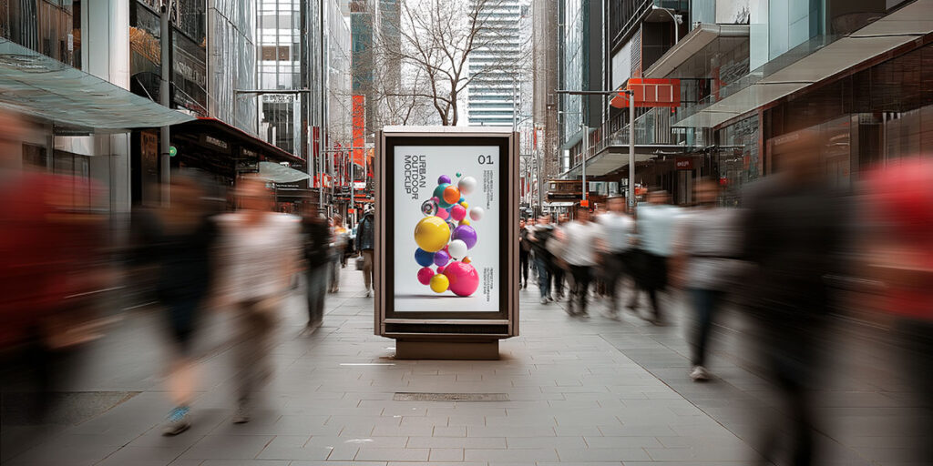 Maqueta de cartelera urbana: Exhibición vertical de publicidad exterior en un entorno urbano concurrido para la presentación de marca y campañas.