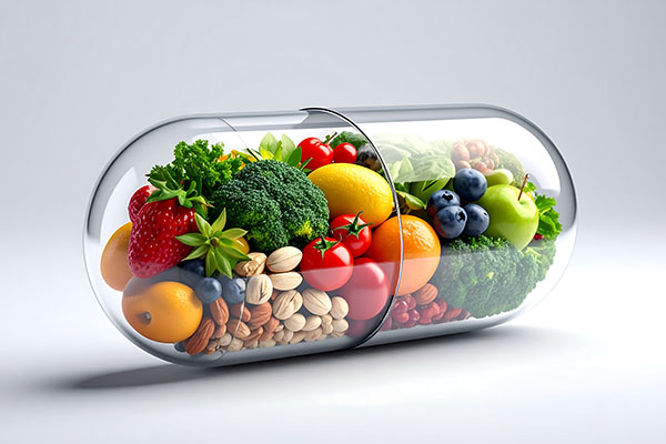 Cápsula saludable llena de frutas y verduras.