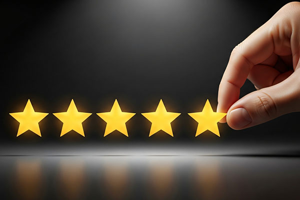 Concepto de rendimiento empresarial y satisfacción del cliente con una mano que agrega la última estrella a una fila de estrellas doradas, mostrando calificaciones y éxito.