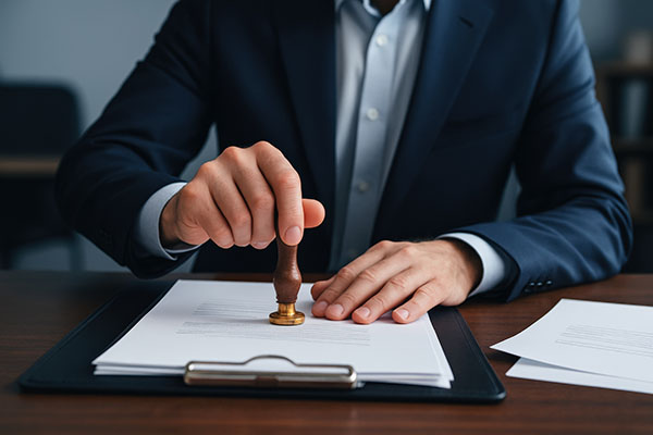 Un notario público con traje azul marino profesional firma un sello oficial en un documento, lo que significa autenticación legal, confianza y un acuerdo comercial importante.
