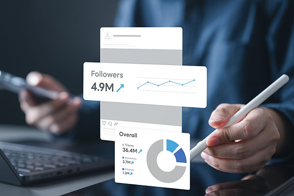 Campaña, ROAS, anuncios, gasto, retorno, clics. Empresario analiza datos de campañas de marketing digital con ROAS, impresiones y gráficos de rendimiento, que representan gastos publicitarios, clics e informes de crecimiento.