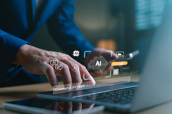 Concepto de IA generativa con escritura a mano en una computadora portátil e interfaz de símbolo del sistema virtual, que representa tecnología de inteligencia artificial, ingeniería rápida, creación digital y generación de contenido.
