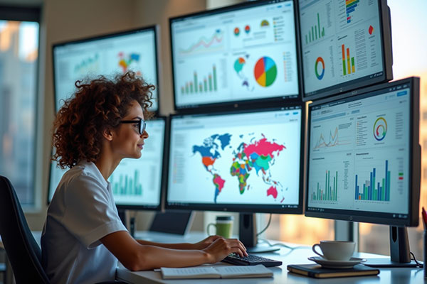 Científica de datos que analiza los conocimientos de los clientes sobre múltiples pantallas. Concepto de marketing y estrategias de mercado.