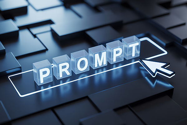 Bloques PROMPT en un botón luminoso al que se hace clic con un cursor, concepto de IA