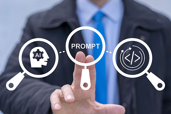 Un ingeniero informático usa una pantalla táctil virtual para presionar la palabra "PROMPT". Concepto futurista de ingeniería de IA con indicaciones. Inteligencia artificial y aprendizaje automático. Educación con IA para el aprendizaje.