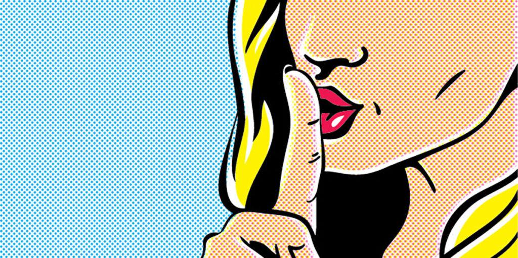 Mujer shhh de arte pop, mujer con dedo en los labios, gesto de silencio, pancarta de mujer de estilo pop art, cállate.