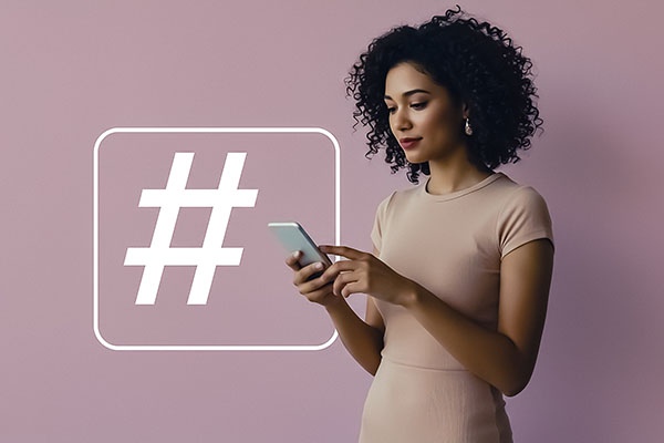 Mujer usando su teléfono con superposición de hashtag.