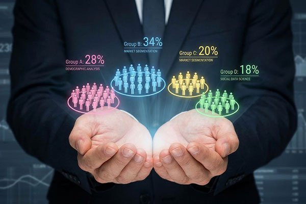 Análisis de conglomerados en marketing y datos estadísticos. Estrategia de segmentación de clientes. El profesional de marketing analiza el mercado objetivo. Representa la segmentación del mercado y las estadísticas de población.