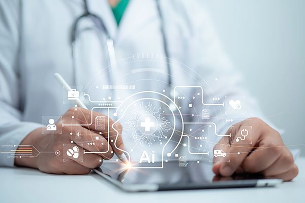 El trabajador médico toca la revolución médica virtual y el avance de la tecnología Inteligencia Artificial, Aprendizaje Profundo de IA para la investigación médica, Transformación de la innovación y la tecnología para la salud del futuro.
