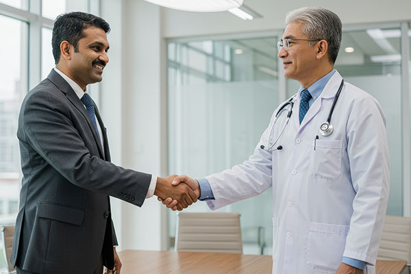 Asociación entre médicos y representantes: un médico y un representante farmacéutico se dan la mano, simbolizando colaboración, confianza, atención médica, progreso y asociación en el campo médico.