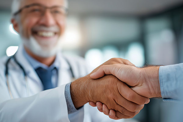 Médico masculino y paciente masculino sonriendo y dándose la mano, apretón de manos, caras centradas, interior de clínica recortada, apretón de manos médico desenfocado, fondo sin rostro, confianza desenfocada.