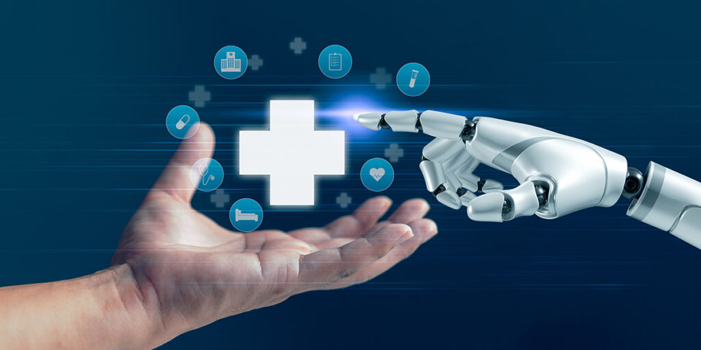 Mano robótica y mano humana extendiéndose, con iconos de la salud entre ellas. Simboliza la asistencia de IA en la atención médica, la tecnología sanitaria innovadora y los servicios de salud digitales.
