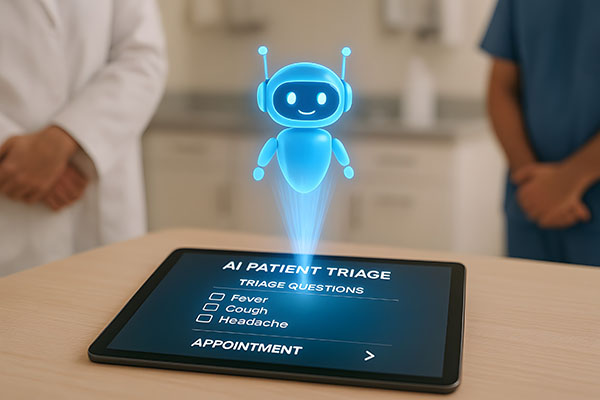 Una representación futurista de la clasificación de pacientes con IA en una clínica moderna.
