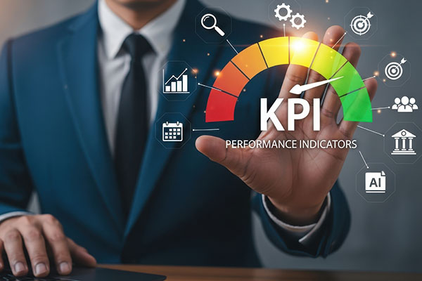 Empresario interactuando con un indicador de rendimiento de KPI en una interfaz digital.
