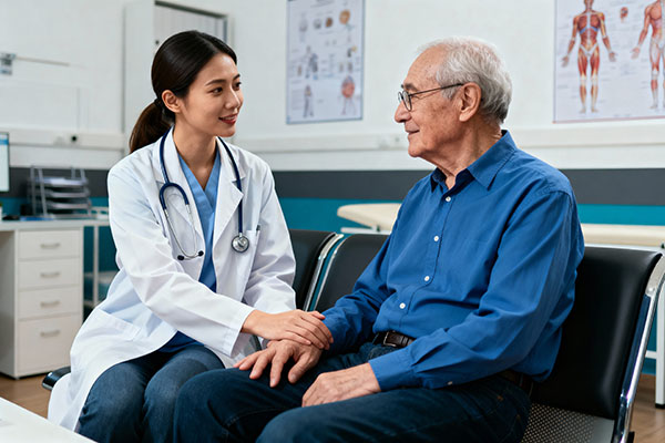Médico y paciente anciano interactuando.