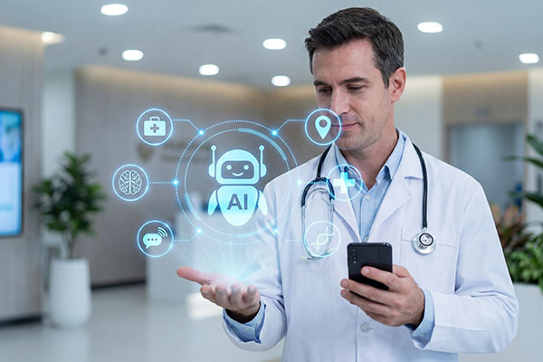 Médico que usa un teléfono inteligente con interfaz holográfica de IA para atención médica y medicina digital en un hospital moderno.