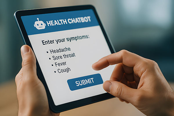 Una persona que usa una tableta para interactuar con un chatbot de salud para ingresar su síntoma.