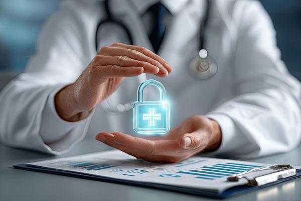Un médico demuestra su compromiso de proteger los datos de sus pacientes mediante medidas de seguridad digitales en un entorno clínico.