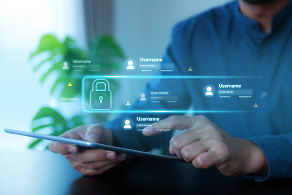 La pantalla táctil manual permite acceder a datos personales y administrar permisos de usuario, identidad, dispositivo, seguridad en línea, política de privacidad y conceptos de información confidencial.
