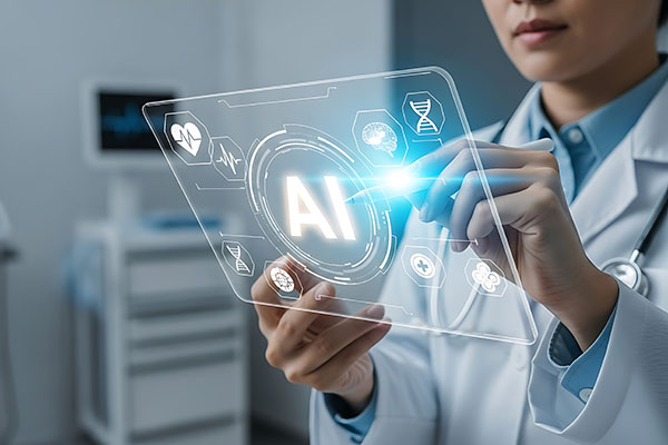 Progreso médico en IA: un médico profesional interactúa con una interfaz de IA, destacando la integración de la inteligencia artificial en la atención médica.