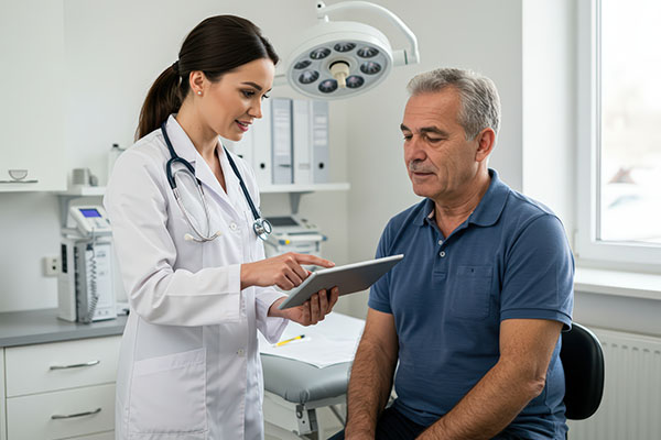 Una doctora ayuda a un hombre mayor con una consulta médica en la clínica. El médico muestra datos digitales del paciente en una tableta.