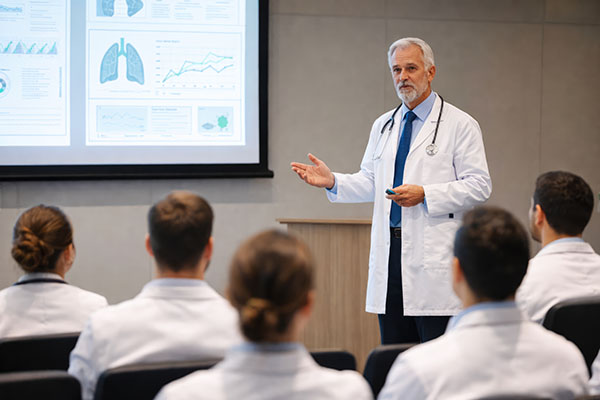 Médico senior dando una presentación médica a profesionales de la salud.