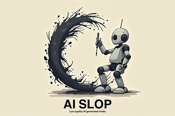 AI Slop simboliza contenido y medios generados por IA de baja calidad, diseño minimalista de un robot de IA en proceso de dibujar un círculo pero creando una espiral desordenada, con el texto AI Slop.