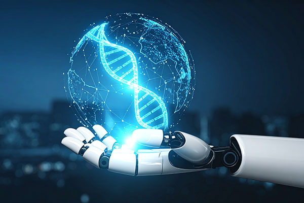 Mano artificial sosteniendo una estructura de ADN: Una innovadora mano robótica sostiene delicadamente una radiante hélice de ADN, lo que simboliza una fusión de ciencia, tecnología y la esencia de la vida.
