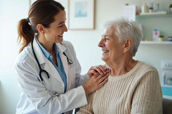 Un médico sonriente apoya a un paciente anciano en su consultorio. El médico profesional brinda asistencia. Interacción positiva, comodidad, compasión, confianza y comunicación entre el médico y el paciente mayor.