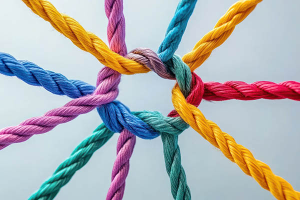 Cuerdas coloridas entrelazadas: un símbolo de unidad y trabajo en equipo.