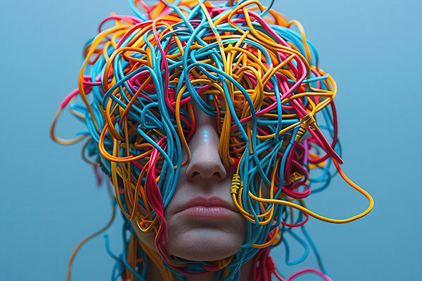 Cabeza de persona llena de cables enredados, que representan confusión y pensamientos caóticos, Mente caótica, Estado confuso.