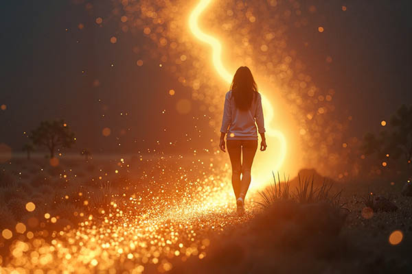 Mujer caminando con un rastro de luz dorada, que simboliza el progreso y la transformación.