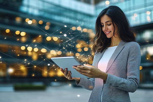 Empresaria sonriente usando una tableta digital en un entorno urbano con superposición de conexión de red, lo que representa la comunicación global y el avance tecnológico en los negocios.