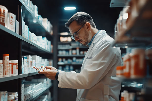 Un farmacéutico examina los medicamentos en una farmacia bien organizada.