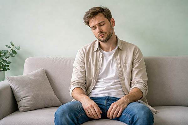 Hombre exhausto sentado en un sofá en un interior tranquilo de una casa, tonos suaves de beige y gris que transmiten agotamiento emocional, fatiga mental y baja energía, adecuado para contenido de bienestar y temas de recuperación del estrés.