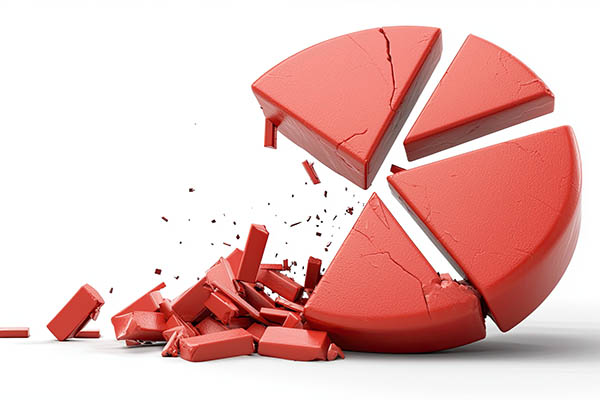 Gráfico circular rojo que se rompe en pedazos sobre un fondo blanco.