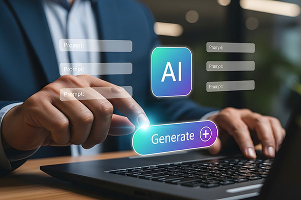 Persona que utiliza inteligencia artificial para generar contenido en un portátil, con icono de IA y botón de generación.