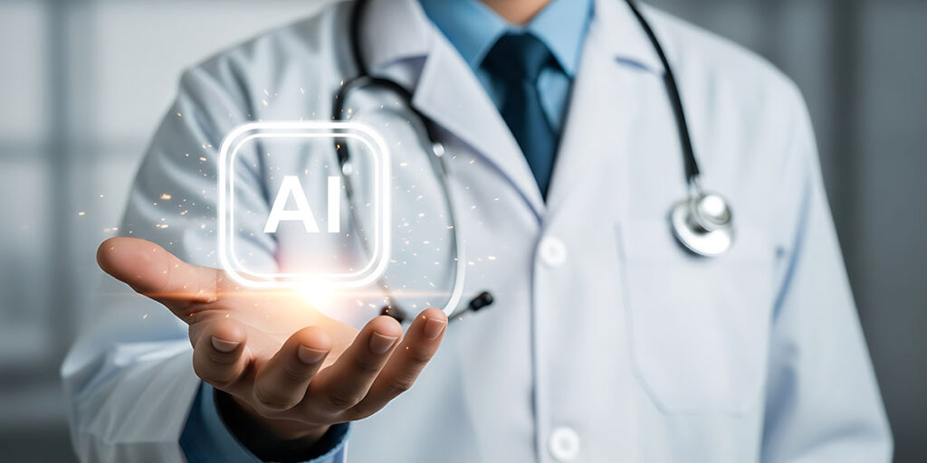 Un médico con bata blanca y estetoscopio extiende la palma de la mano abierta. Sobre ella se proyecta un símbolo cuadrado y brillante con las letras "AI" en blanco, rodeado de pequeñas luces centelleantes. El fondo aparece ligeramente difuminado, con un tono grisáceo.
