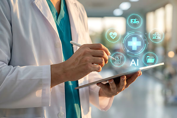 Médico utilizando tableta con interfaz de inteligencia artificial para el análisis de datos sanitarios en una clínica moderna.