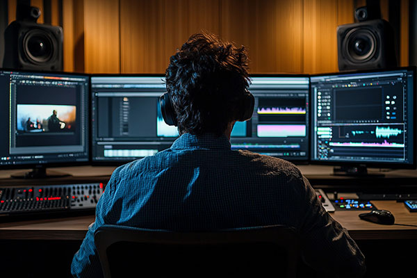 Productor de cine y sonido creativo en estudio. Durante el proceso de trabajo: Iluminación vibrante, IA generativa.