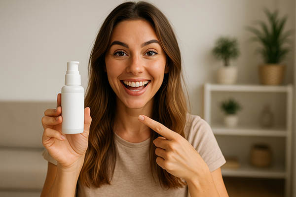 Influencer femenina sonriente sosteniendo un producto de belleza frente a la cámara, concepto de publicidad digital.