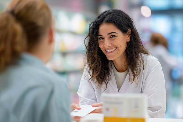 Farmacéutica sonriente atendiendo a un cliente en el mostrador de la farmacia.