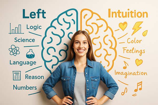 La imagen tiene un atributo ALT vacío; su nombre de archivo es Intuicion.jpg
Mujer de pie frente a una ilustración de un cerebro que muestra los conceptos de lógica izquierda e intuición derecha con iconos educativos sobre un fondo claro.